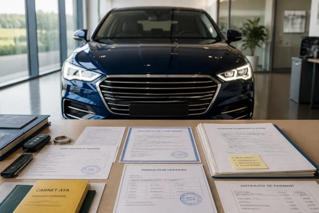 Voiture de prestige importée devant un dossier administratif complet, documents douaniers et certificats de conformité visibles
