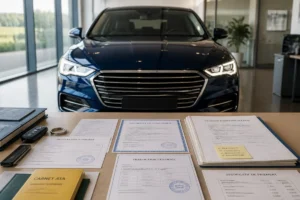 Voiture de prestige importée devant un dossier administratif complet, documents douaniers et certificats de conformité visibles