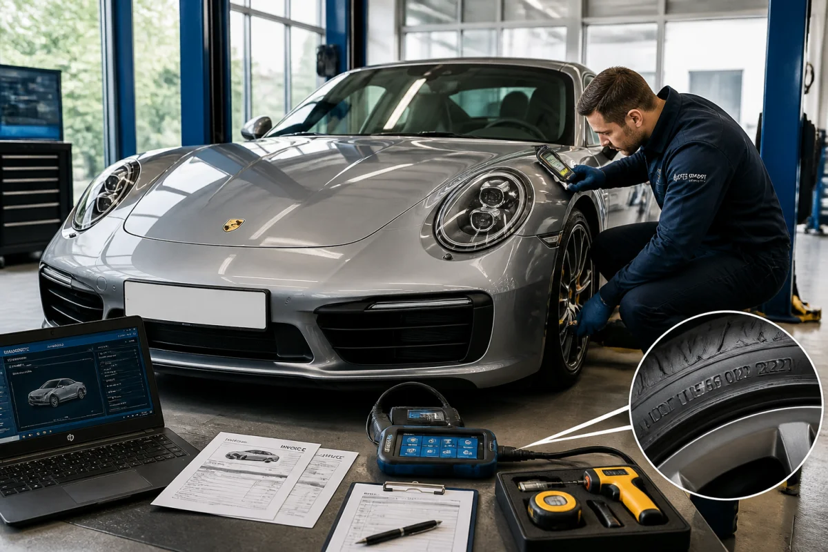 Importation d’une voiture de prestige inspectée par un technicien dans un atelier automobile moderne