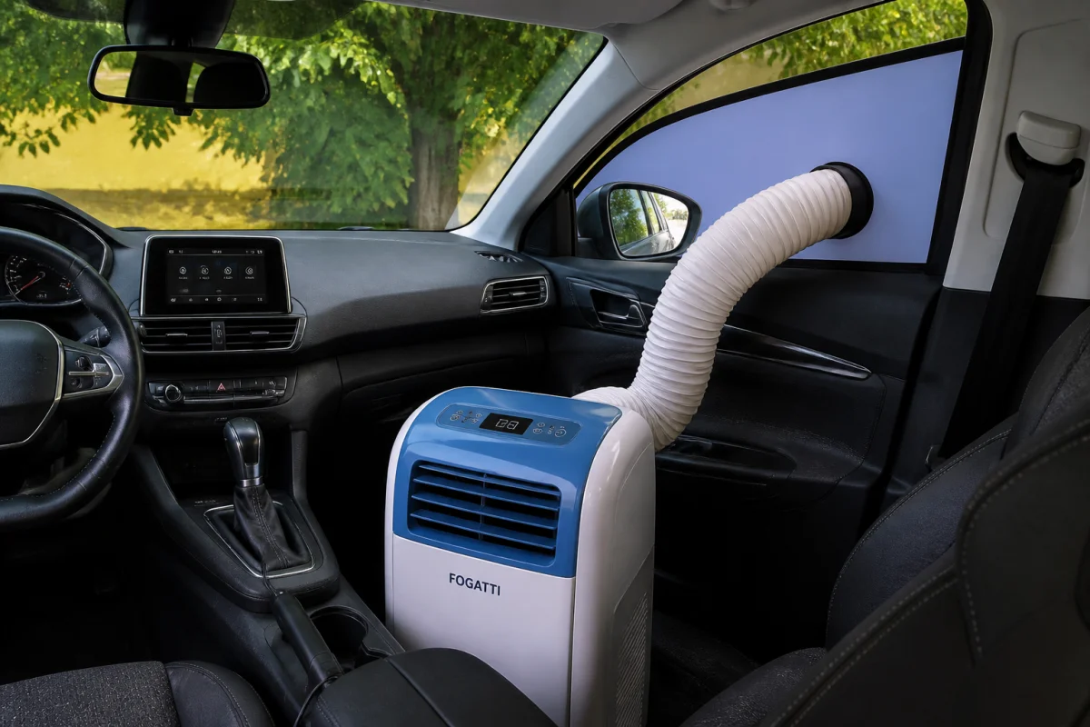 Installer une climatisation mobile en voiture avec gaine droite traversant une vitre équipée d’un panneau d’obturation sécurisé