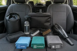 Kit d’entretien automobile organisé dans un habitacle propre pour tenir sa voiture propre au quotidien