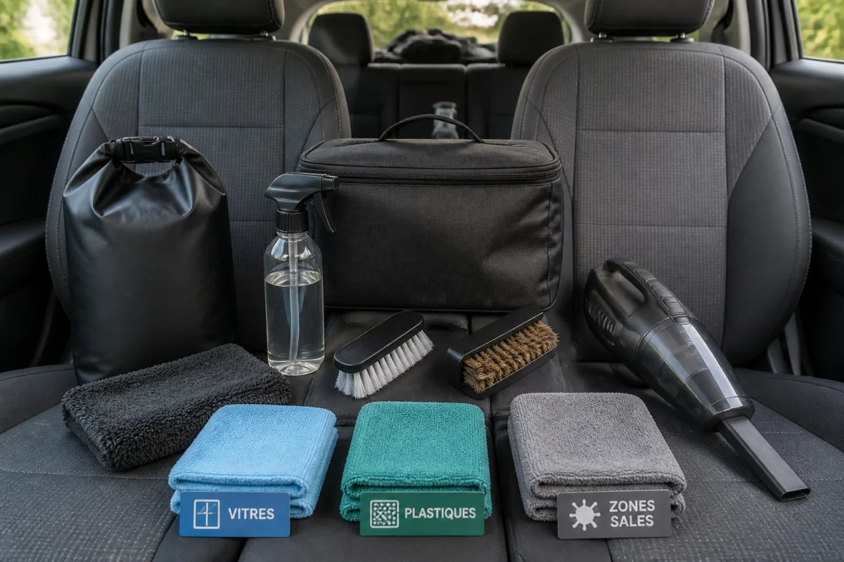 Kit d’entretien automobile organisé dans un habitacle propre pour tenir sa voiture propre au quotidien