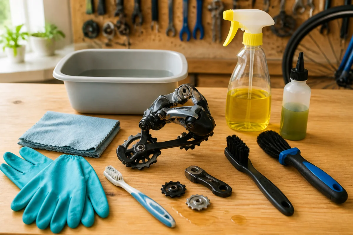 Matériel de nettoyage pour dérailleur de vélo avec brosses, dégraissant, lubrifiant, chiffons et gants sur établi en bois