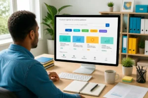 Utilisateur consultant une interface de recherche et de classement de contenus sur ordinateur, avec documents organisés au bureau