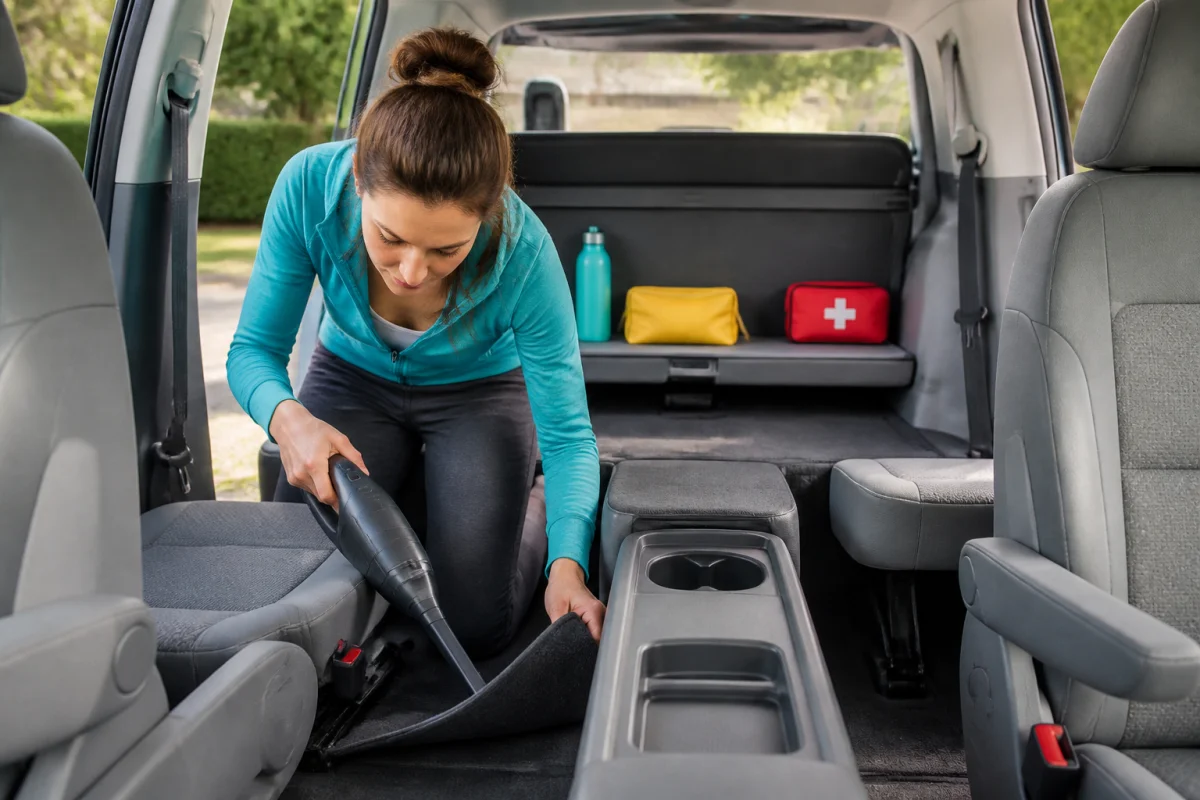 Personne aspirant l’intérieur d’une voiture pour la tenir propre au quotidien, entre sièges, tapis et console centrale