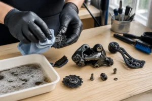 Comment nettoyer un dérailleur de vélo démonté avec galets séparés, brosse, chiffon et eau savonneuse sur un établi d’atelier