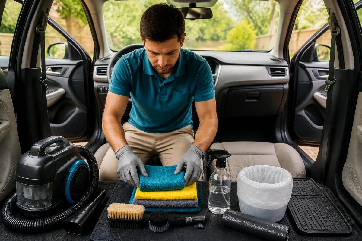 Personne préparant le nettoyage de l’habitacle de sa voiture avec chiffons, brosses et produits d’entretien.