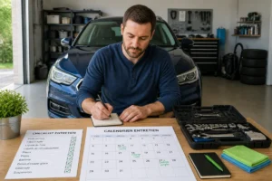 Personne planifiant l’entretien d’une voiture familiale avec checklist et calendrier pour organiser ses déplacements au quotidien