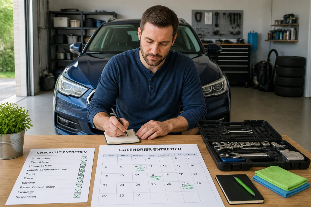 Personne planifiant l’entretien d’une voiture familiale avec checklist et calendrier pour organiser ses déplacements au quotidien