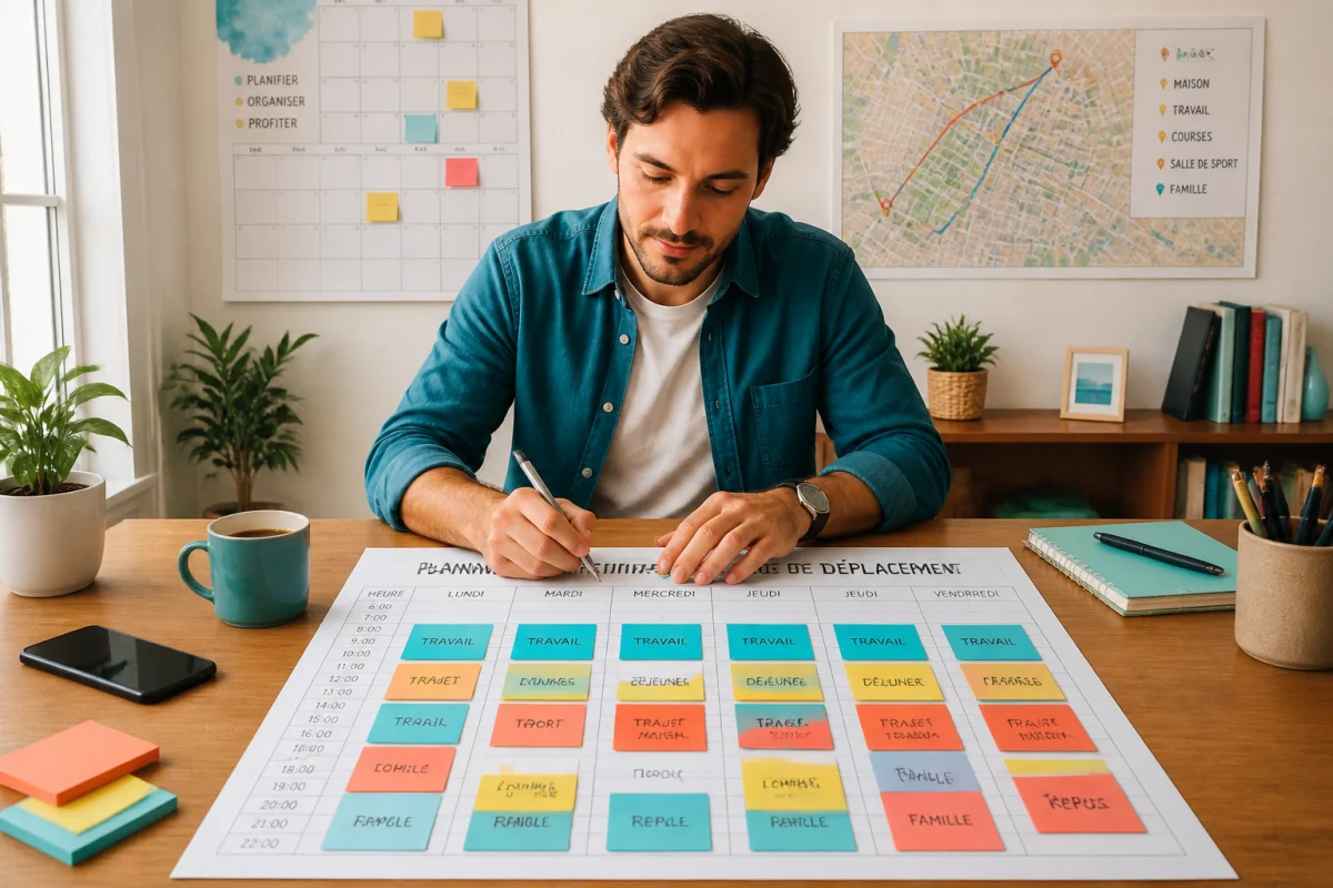 Personne organisant ses déplacements au quotidien avec un planning coloré, une carte urbaine et des itinéraires tracés