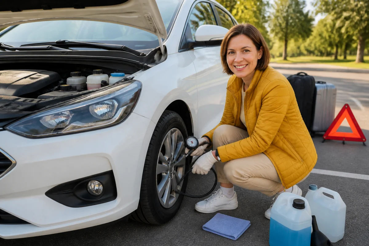 Conductrice vérifiant la pression d’un pneu avant de préparer un long trajet en voiture, capot ouvert et bagages à l’arrière