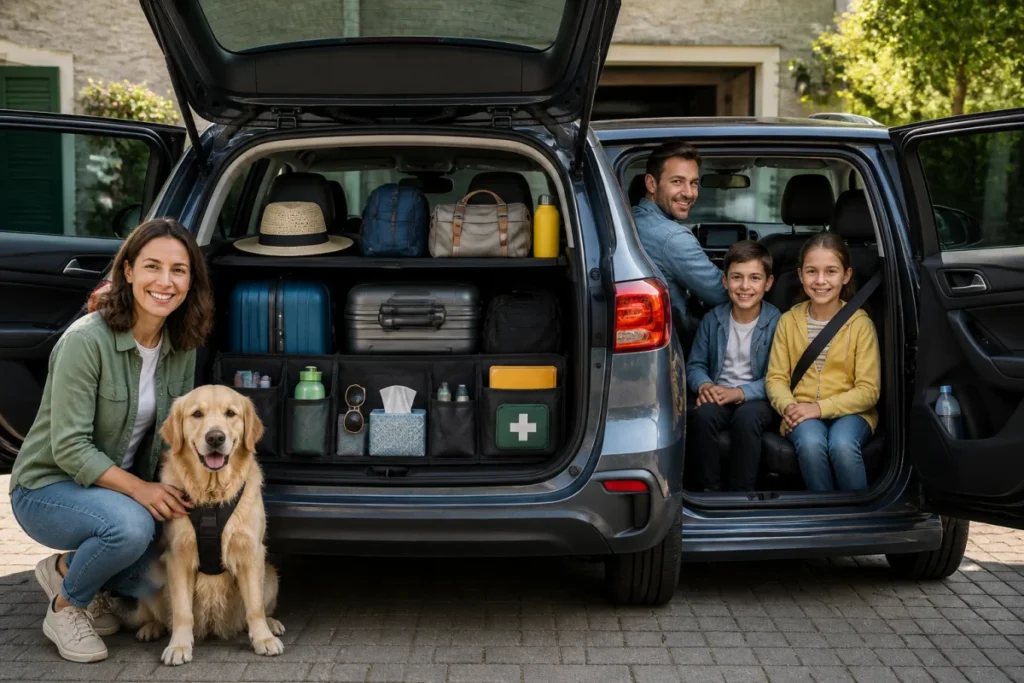 Famille préparant un long trajet en voiture, coffre organisé, enfants et animal correctement attaché dans l’habitacle