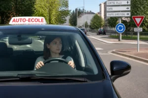 Candidate concentrée au volant d’une voiture-école, observant une intersection urbaine pour préparer son permis de conduire