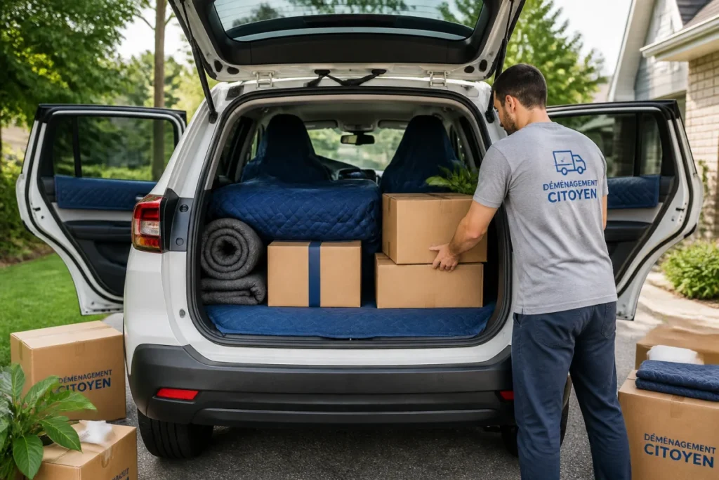 Préparer sa voiture pour un déménagement avec sièges protégés, cartons emballés et objets solidement maintenus
