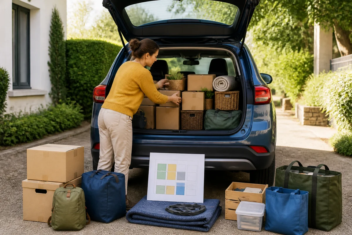 Préparer sa voiture pour un déménagement : personne chargeant méthodiquement cartons et sacs dans le coffre ouvert.