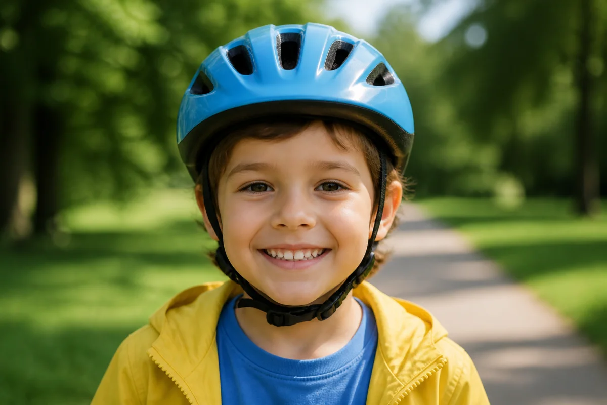 Enfant souriant portant un casque de vélo correctement réglé, centré et ajusté sous le menton dans un parc verdoyant