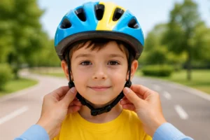 Réglage des sangles en V sous les oreilles d’un casque de vélo coloré porté par un enfant
