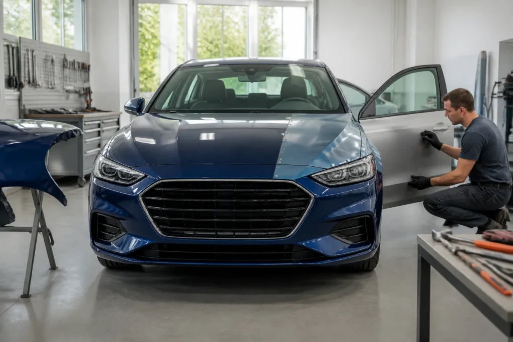 Professionnel contrôlant l’alignement d’une aile et d’une porte lors d’une réparation de carrosserie automobile en atelier