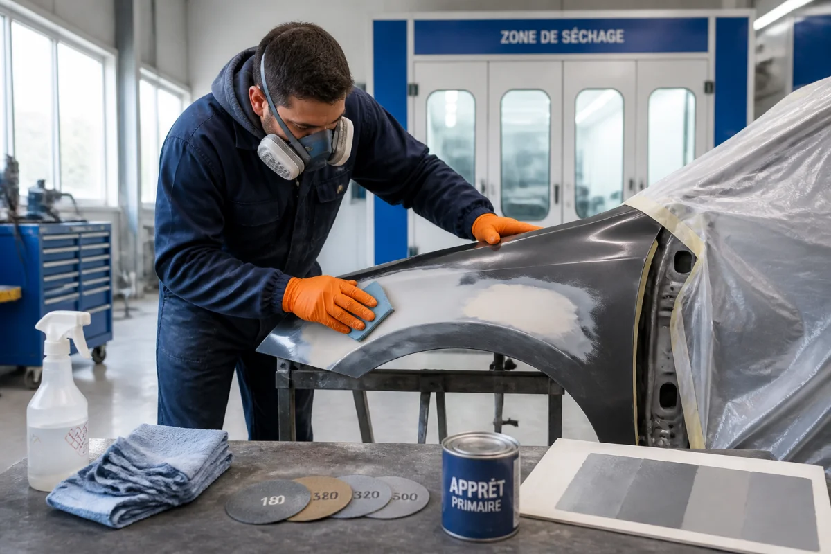 Technicien ponçant une aile de voiture en atelier pour une réparation carrosserie automobile avant peinture