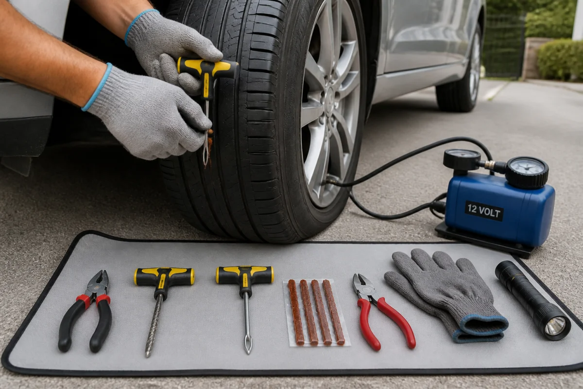 Automobiliste ganté réparant un pneu crevé avec une mèche d’étanchéité et un compresseur 12 volts 马会