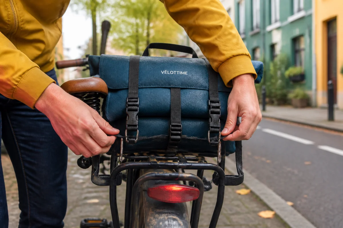Sacoche de vélo urbaine imperméable fixée au porte-bagages par crochets et sangles réglables en ville