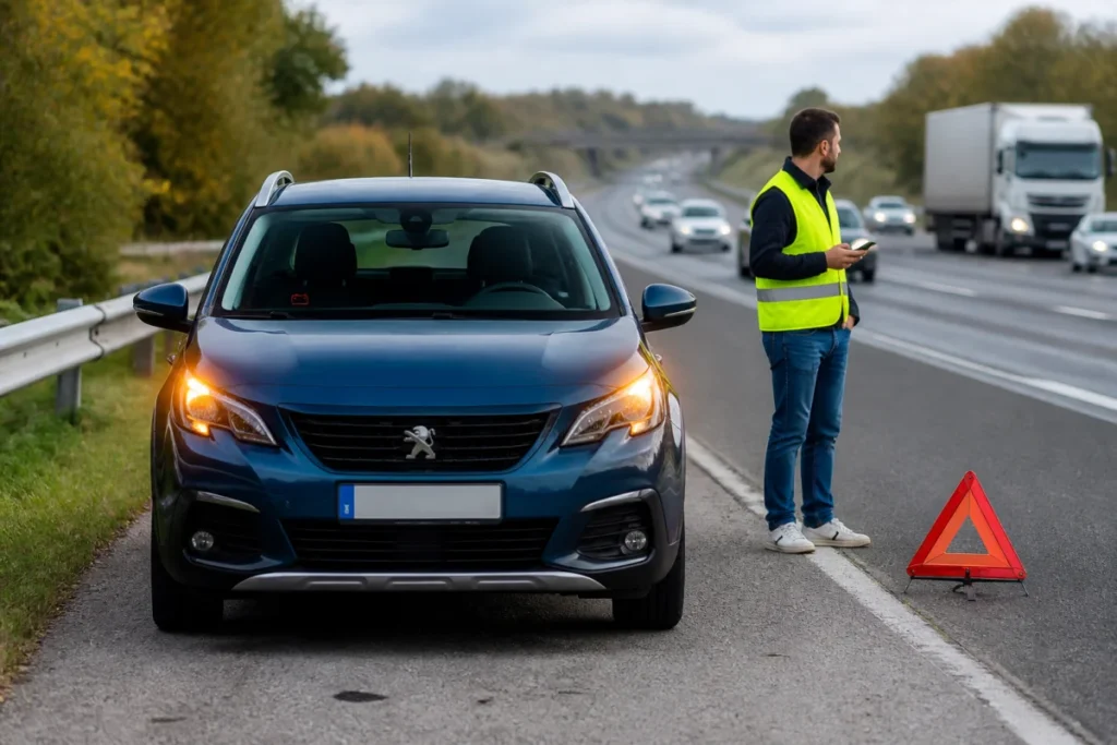 Signe d’une batterie de voiture faible : véhicule arrêté, feux de détresse allumés et conducteur sécurisé sur l’accotement.