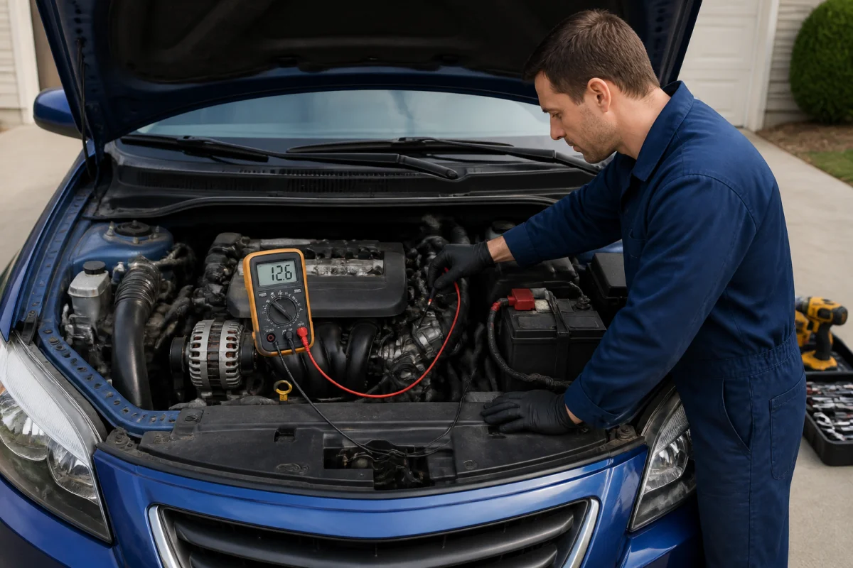 Mécanicien contrôlant la batterie et l’alternateur d’une voiture au multimètre, signe d’une batterie voiture faible