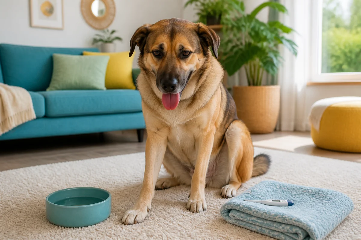 Chien adulte haletant et voûté dans un salon, illustrant les signes d’un chien malade à observer attentivement