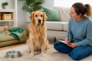 Propriétaire observant attentivement les signes d’un chien malade dans un salon chaleureux et rassurant