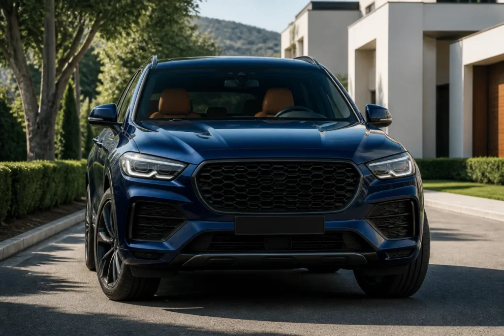 SUV haut de gamme bleu profond présenté par Sportline Automobiles dans une allée résidentielle contemporaine arborée
