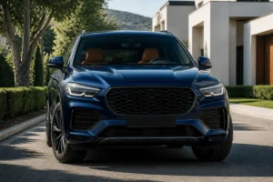 SUV haut de gamme bleu profond présenté par Sportline Automobiles dans une allée résidentielle contemporaine arborée