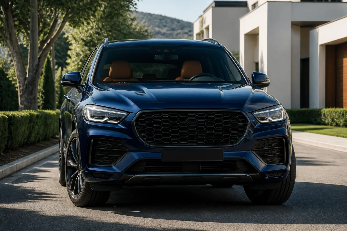 SUV haut de gamme bleu profond présenté par Sportline Automobiles dans une allée résidentielle contemporaine arborée