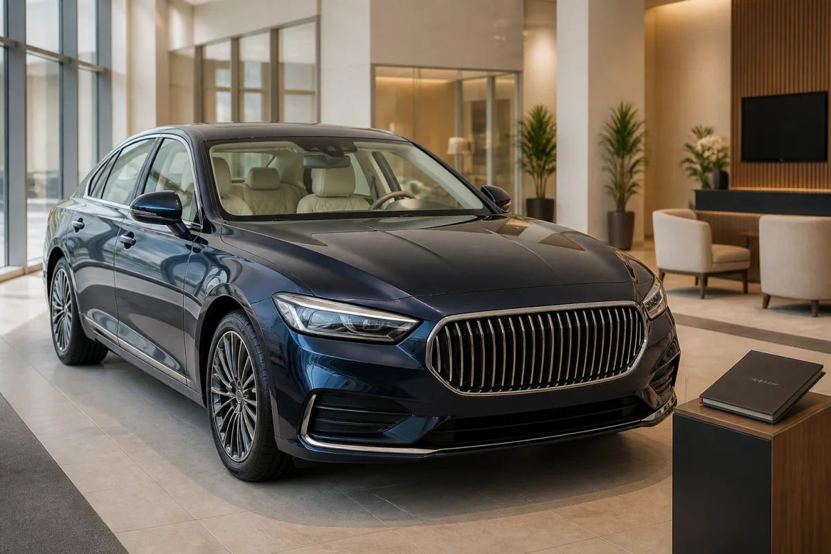 Sportline Automobiles présente une voiture haut de gamme bleu nuit dans un showroom élégant et lumineux