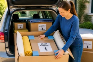 Transport d’objets fragiles en voiture : carton soigneusement calé dans un coffre, vérifié par une personne.