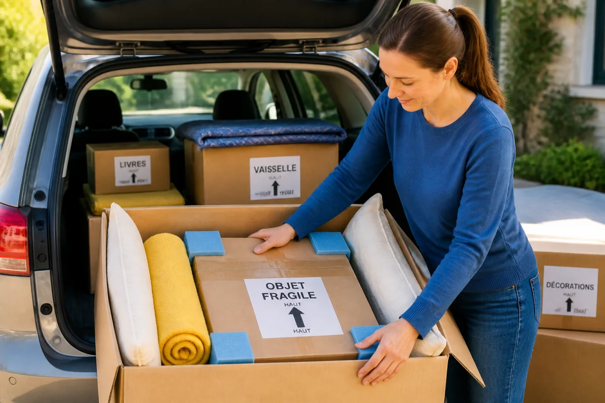 Transport d’objets fragiles en voiture : carton soigneusement calé dans un coffre, vérifié par une personne.