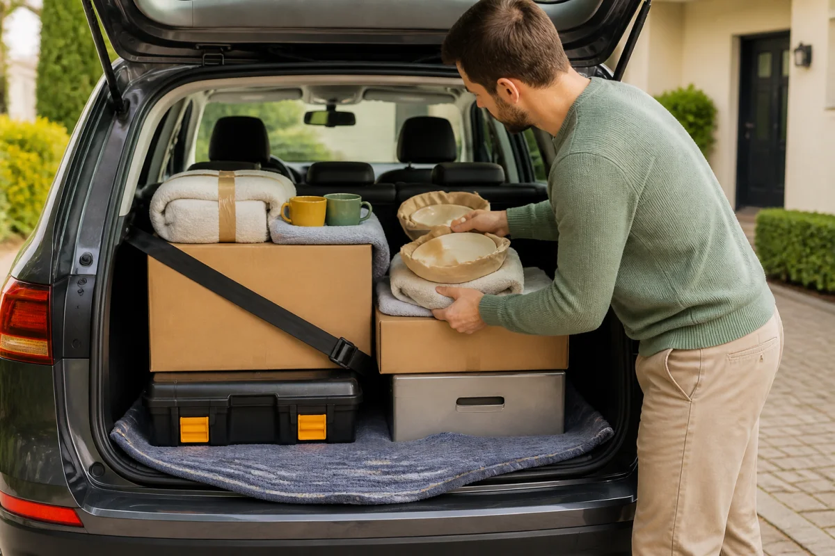Chargement sécurisé d’objets fragiles dans le coffre d’une voiture, protégés par couvertures et stabilisés avec soin